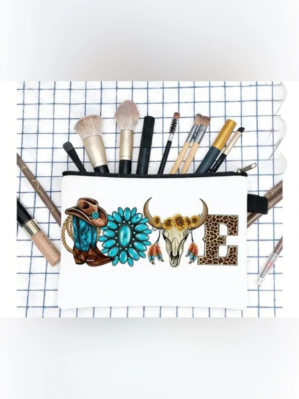 Western 'LOVE' Pouch Cosmetic Bag with Turquoise and Leopard Print